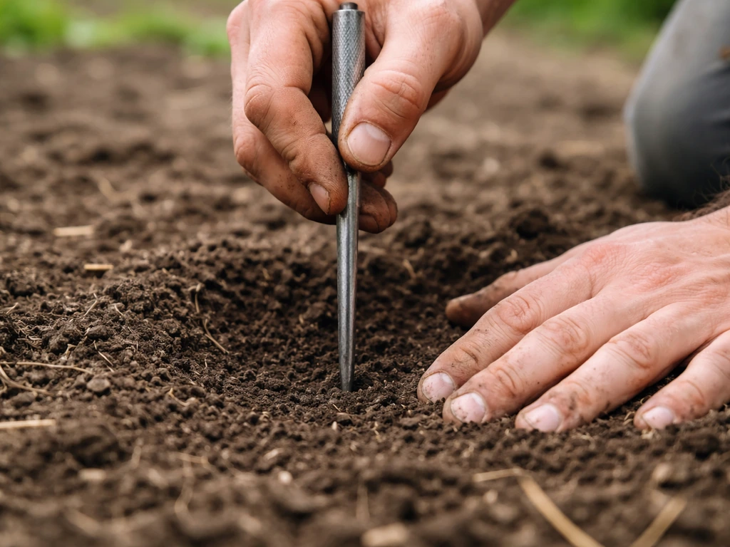 Close-up van handen die met een schroevendraaier ongeveer 10 cm in de grond drukken om bodemverdichting te checken.