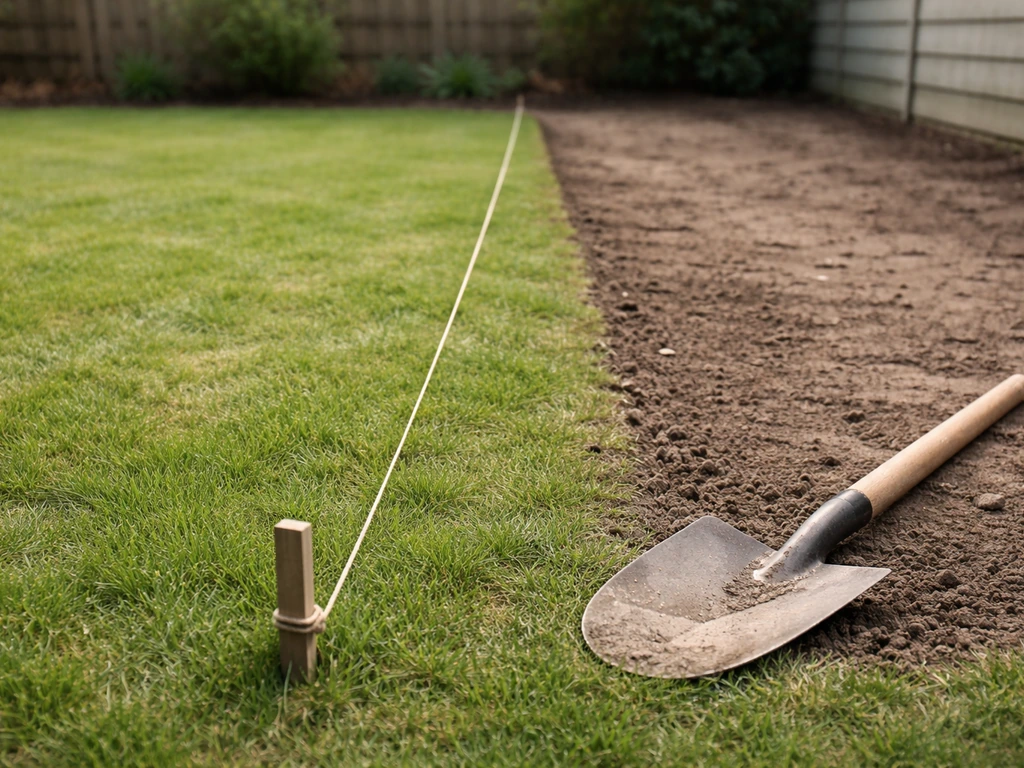 Strak gespannen touw tussen twee uitzetpennen langs de gazonrand, klaar om te graven in de tuin.