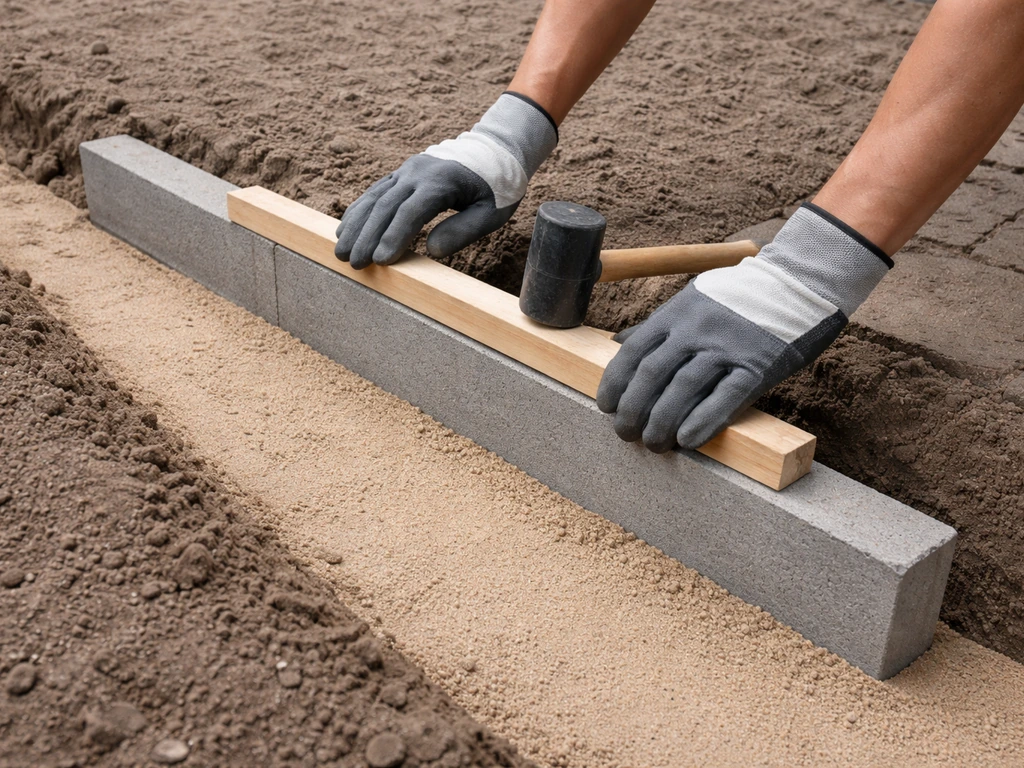 Handen en rubberen hamer plaatsen een betonnen opsluitband recht in een egaal zandbed in een smalle sleuf.