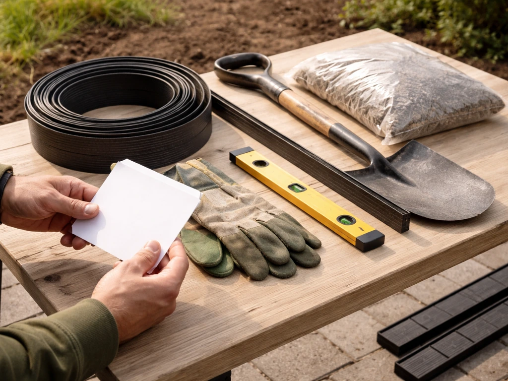 Praktische opstelling met materialen en gereedschap voor een gazonafscheiding, naast een losse checklistkaart.