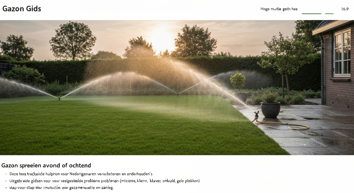 Ochtendbesproeiing van een Nederlands gazon met dauw en draaiende sprinkler.