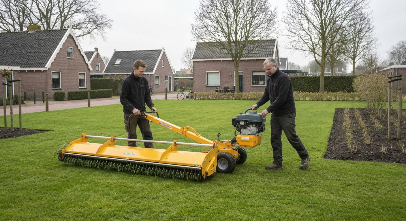 Overzichtsfoto van gazonrenovatie in een Nederlandse tuin: verticuteermachine werkt op een strook gras naast tuingereedschap en zakken zaad, achtergrond met bakstenen huis.